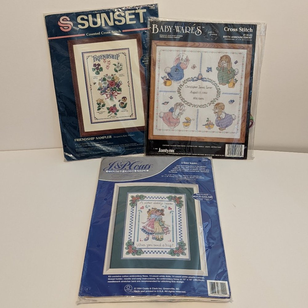Vintage Bundle of 3 Counted Cross Stitch Kits--J&P Coats, Sunset, and Janlynn